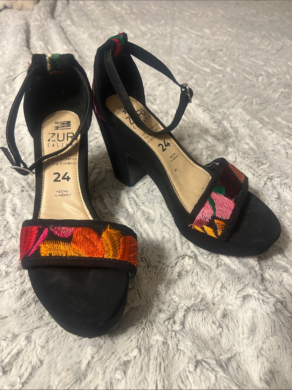 Black Embroidered Ankle-Strap Block Heel Sandals